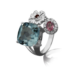 Lyre - Bague or blanc topaze et diamant