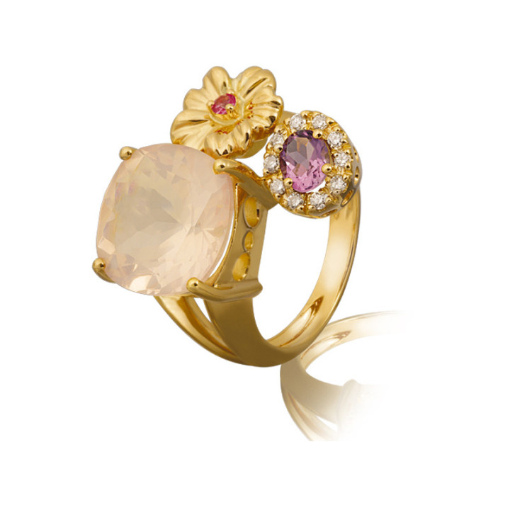 Lyre - Bague or jaune quartz et diamant